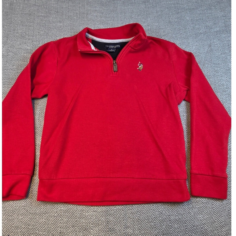 US Polo Assn Boys Red Quarter Zip Pullover Ribbed Sweater Size L 10-12 Logo